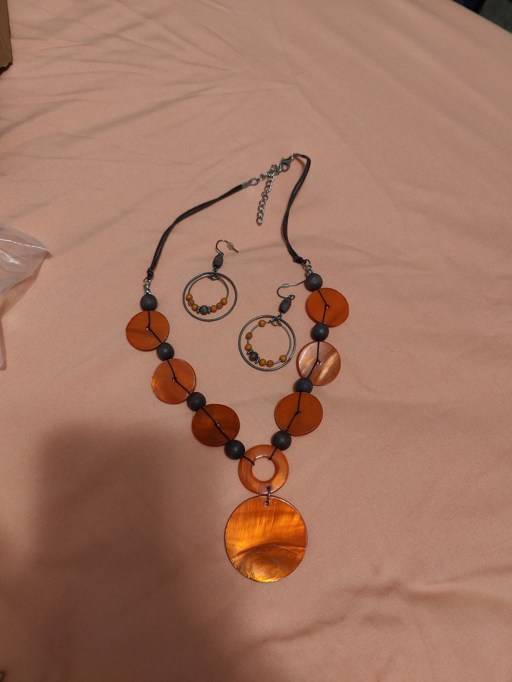 Cato Orange Disc Necklace with Matching Hoop Earrings